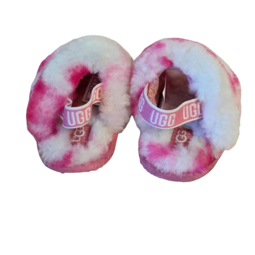UGG Fluff Yeah Kids 2/3 Pink Tie Dye Fuzzy Fur Slingback Slides Sandals